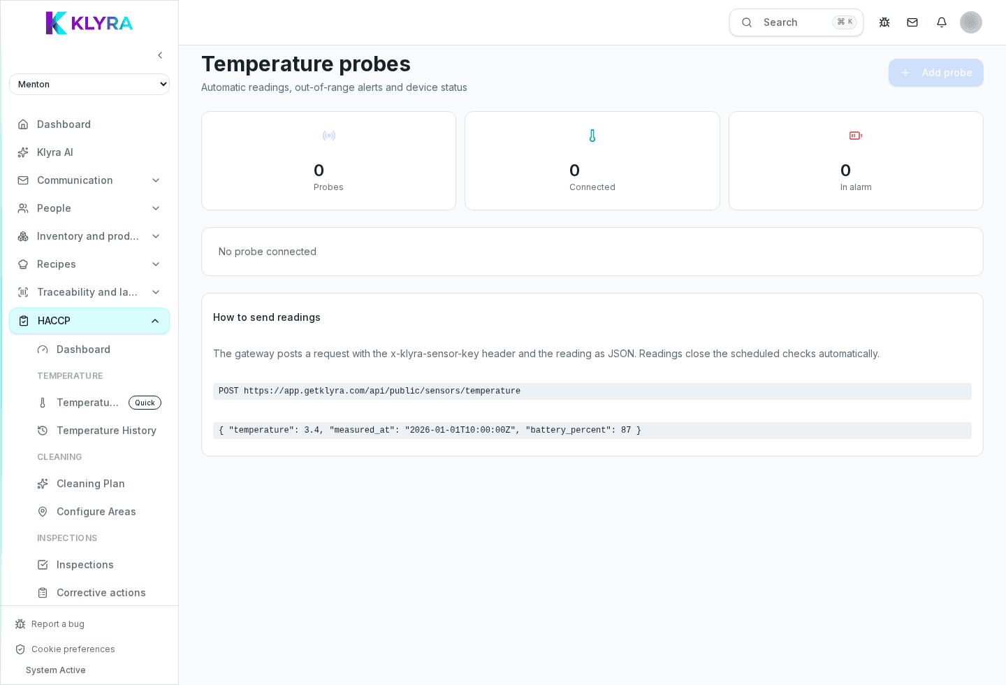 Connected temperature sensors with their latest reading and status