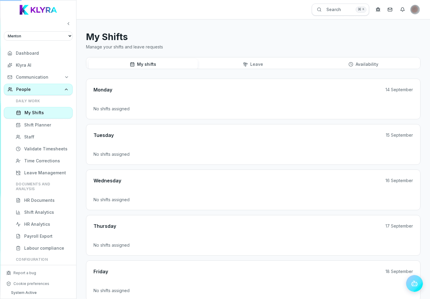 The personal week with shifts, leave and availability