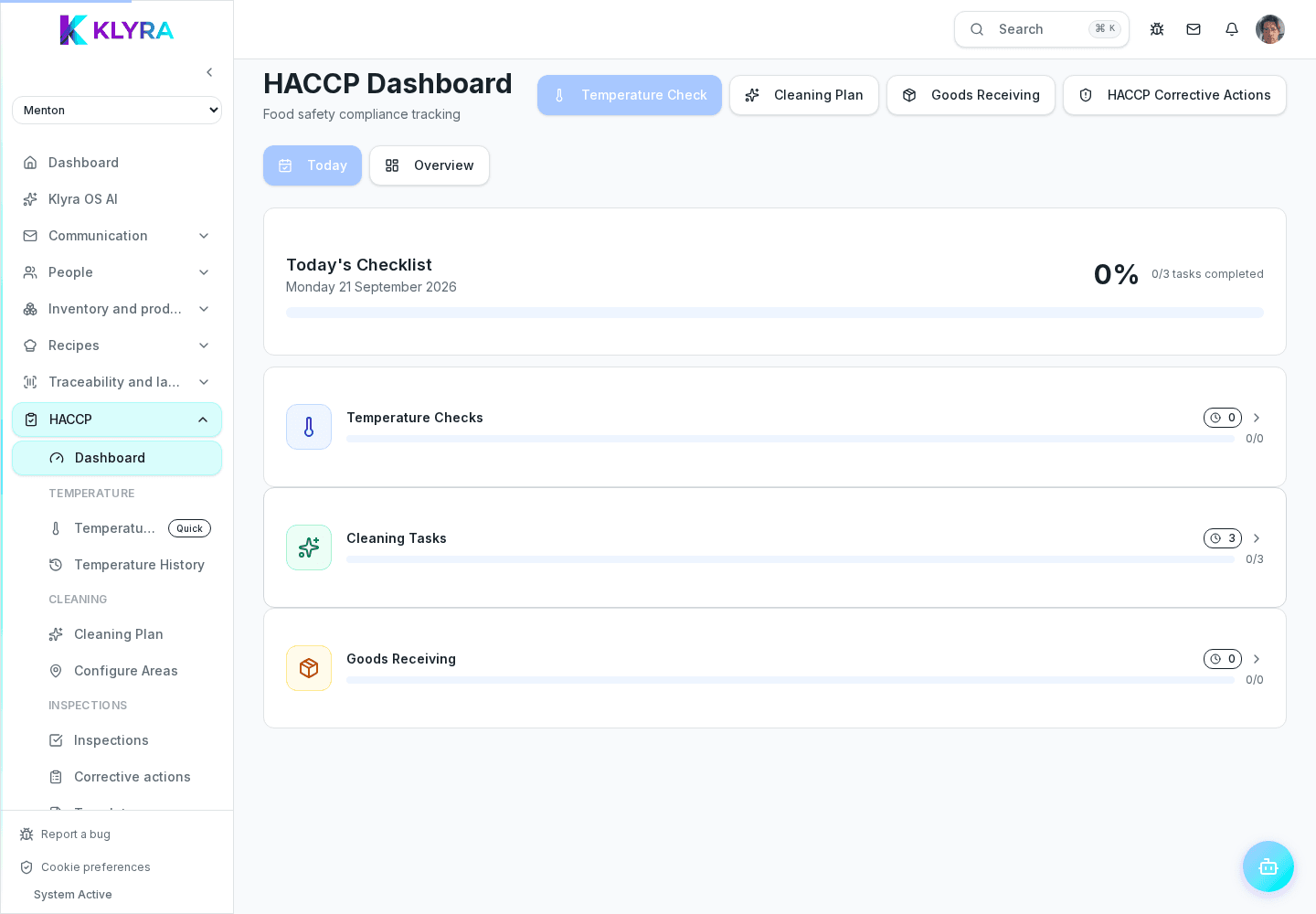 Dashboard HACCP di Klyra OS con attività e prove