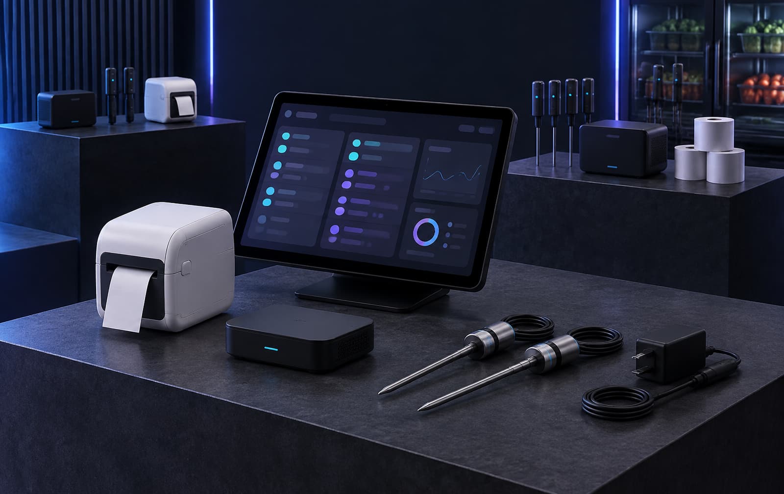 Preview render of Klyra OS tablet, label printer, gateway and automatic temperature probe kits