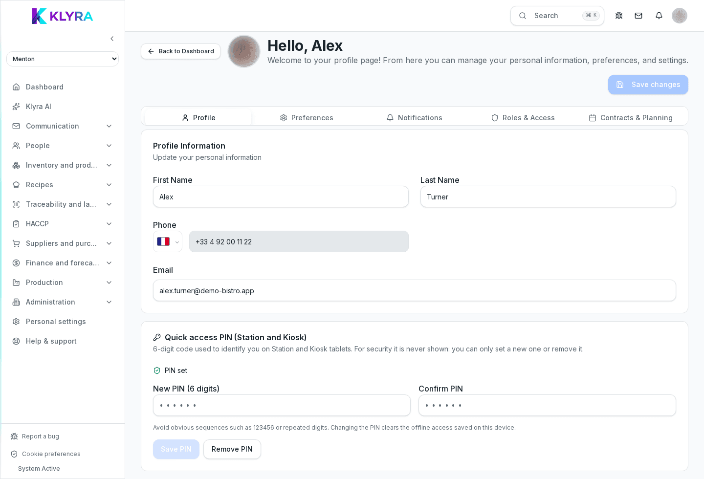 La pagina profilo con dati personali e PIN per Kiosk e Station