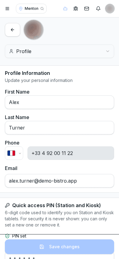 La pagina profilo con dati personali e PIN per Kiosk e Station